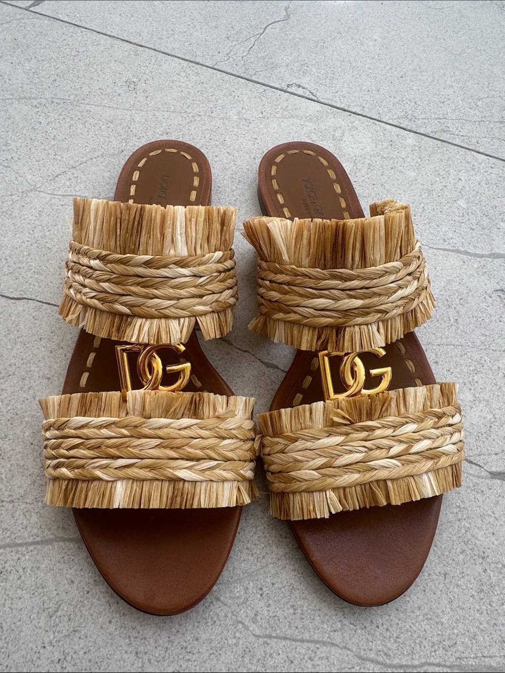 Dolce & Gabbana Natural Raffia Double-Band Slide Sandals with Gold DG Accent